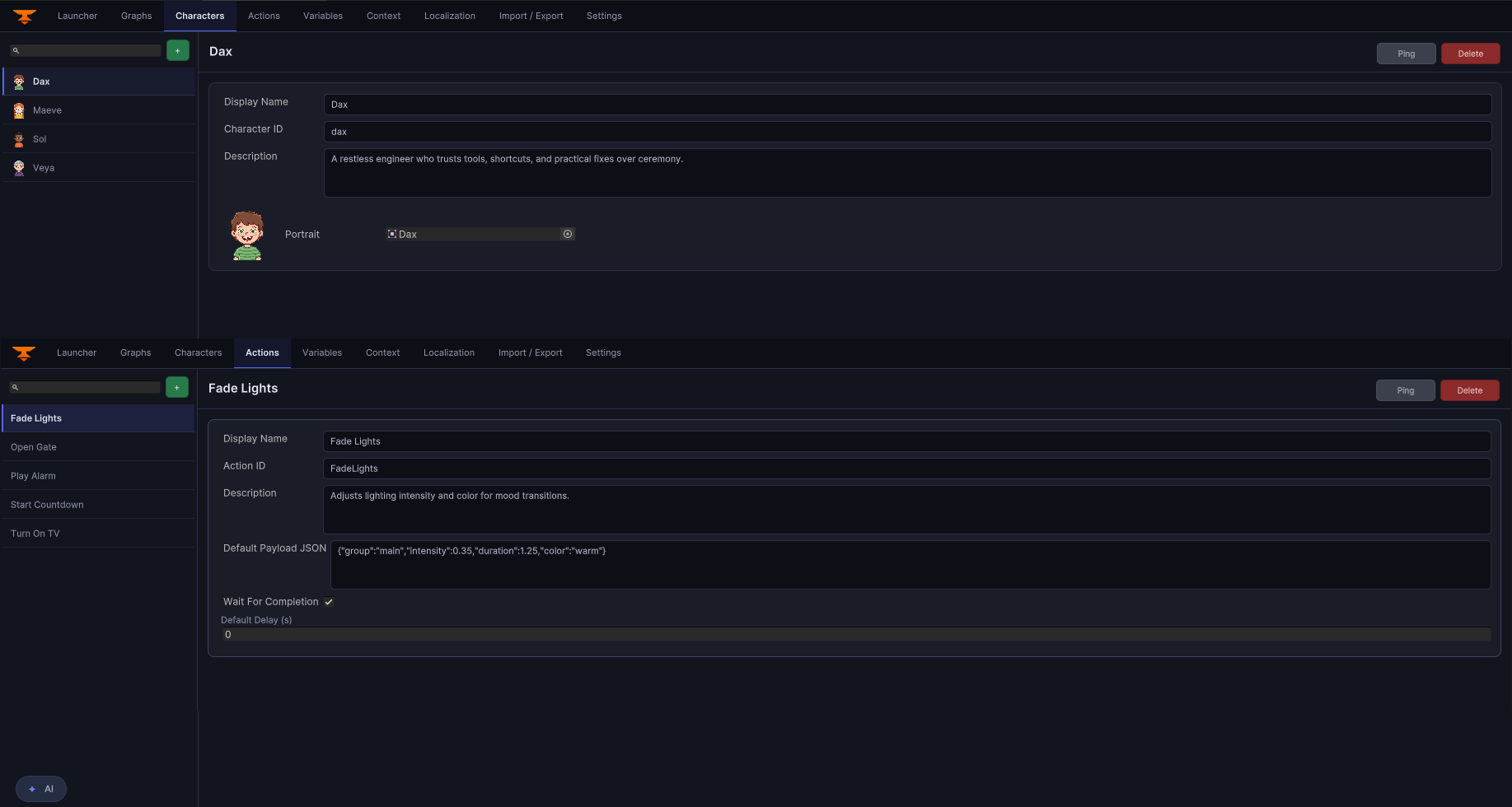 Current Characters and Actions editor panels