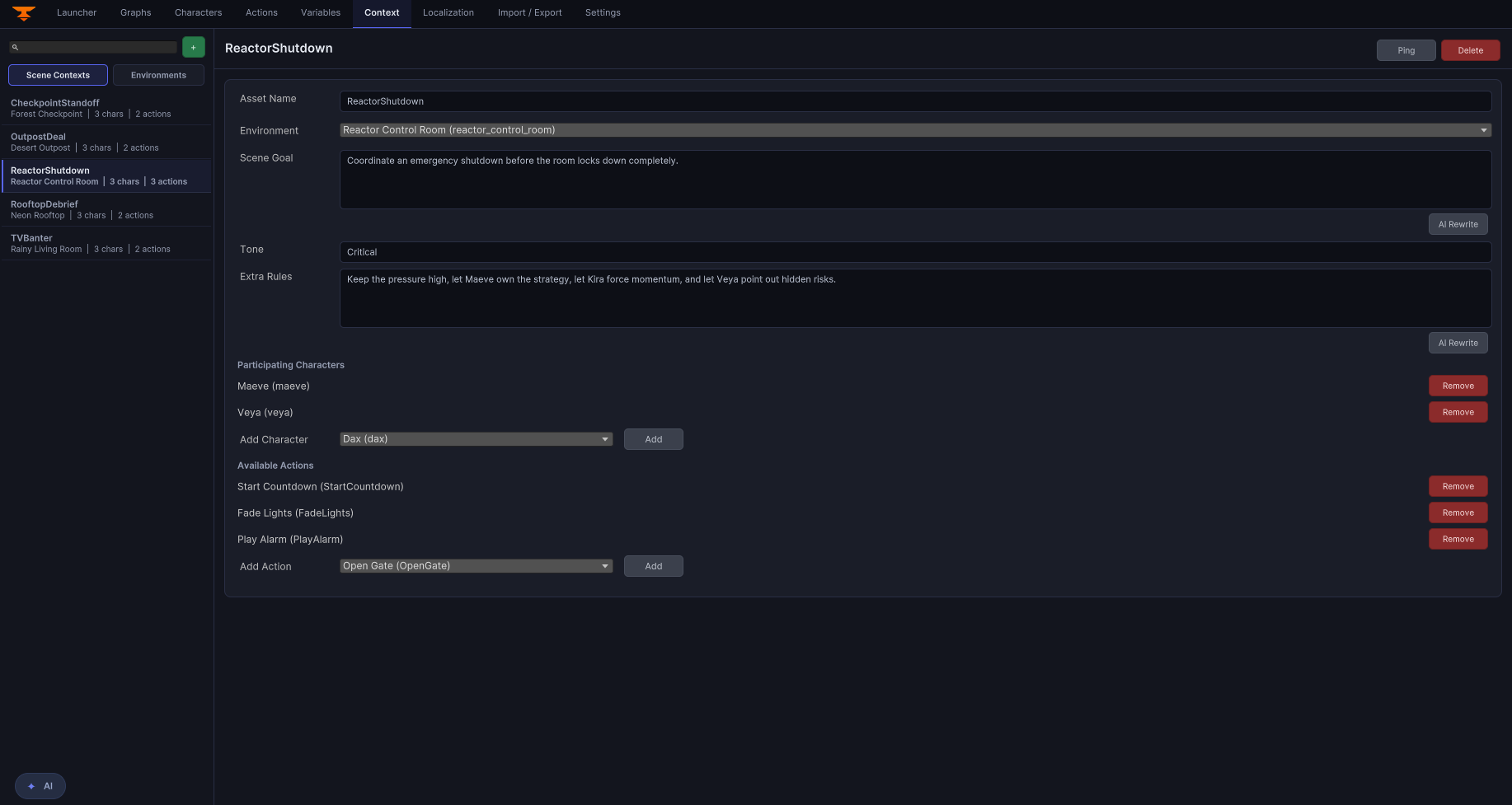 Current graph context editor panel