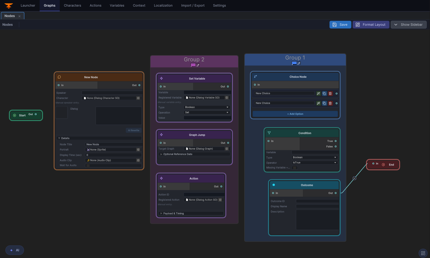 All node types â€” Start, Dialog, Choice, Action, and End â€” as they appear in the graph editor.