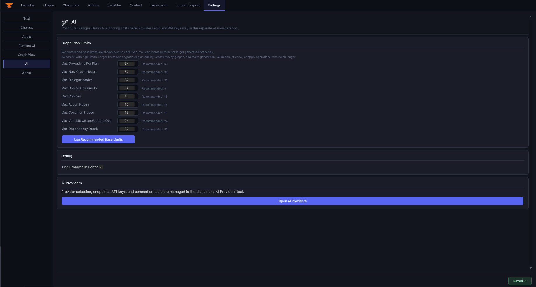Current optional AI integration settings