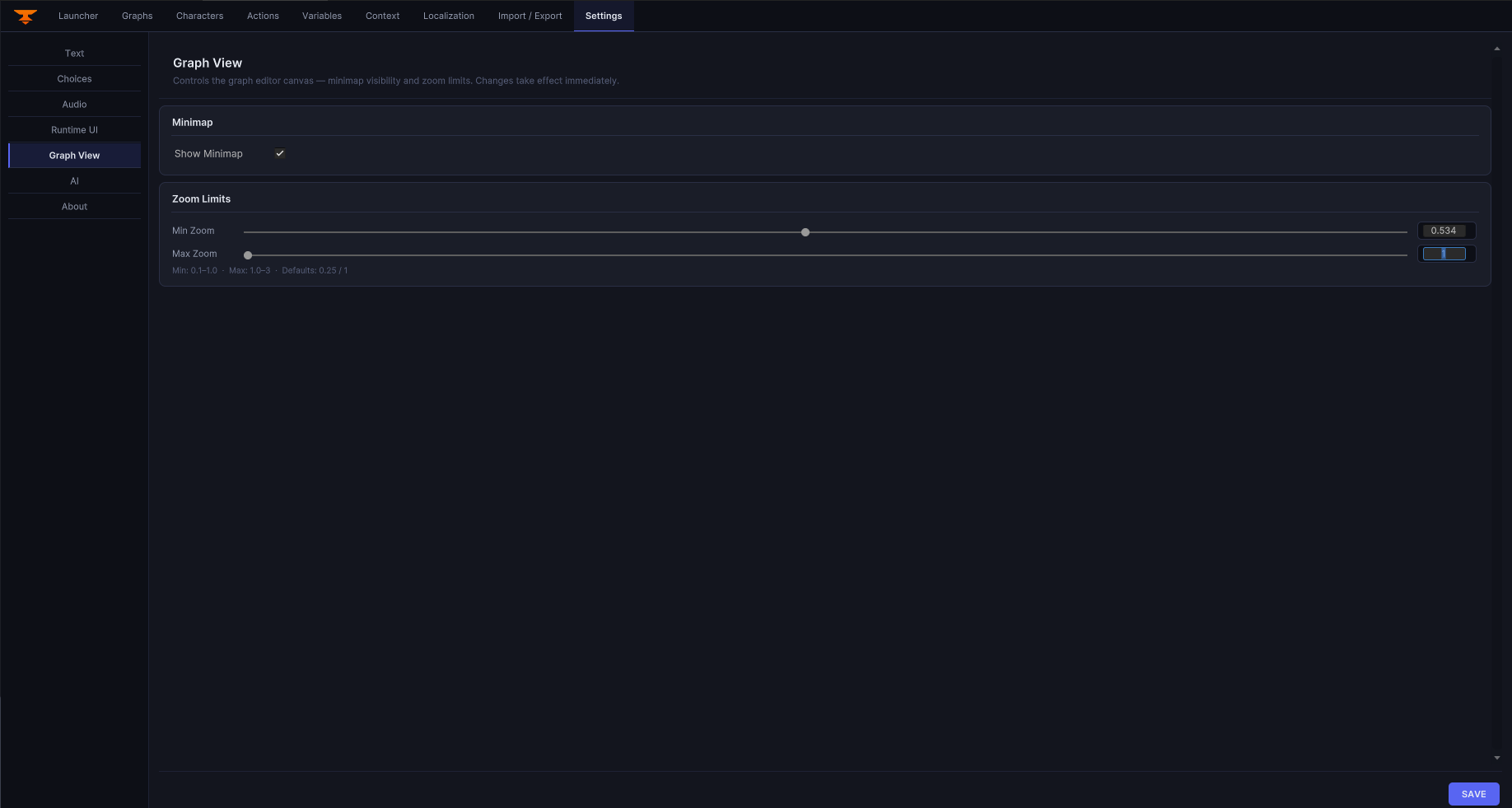 Current graph view settings