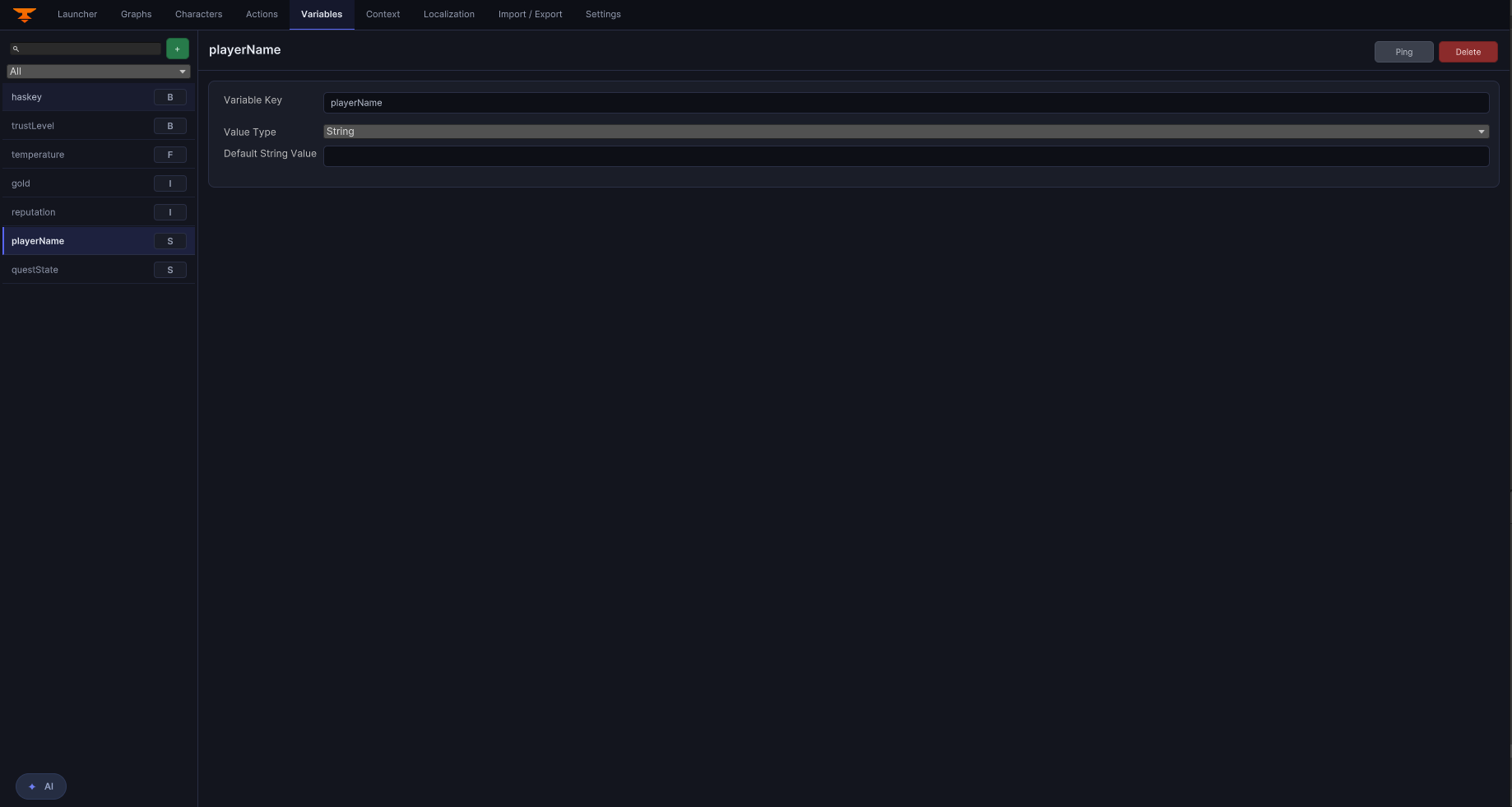 Current graph variables panel